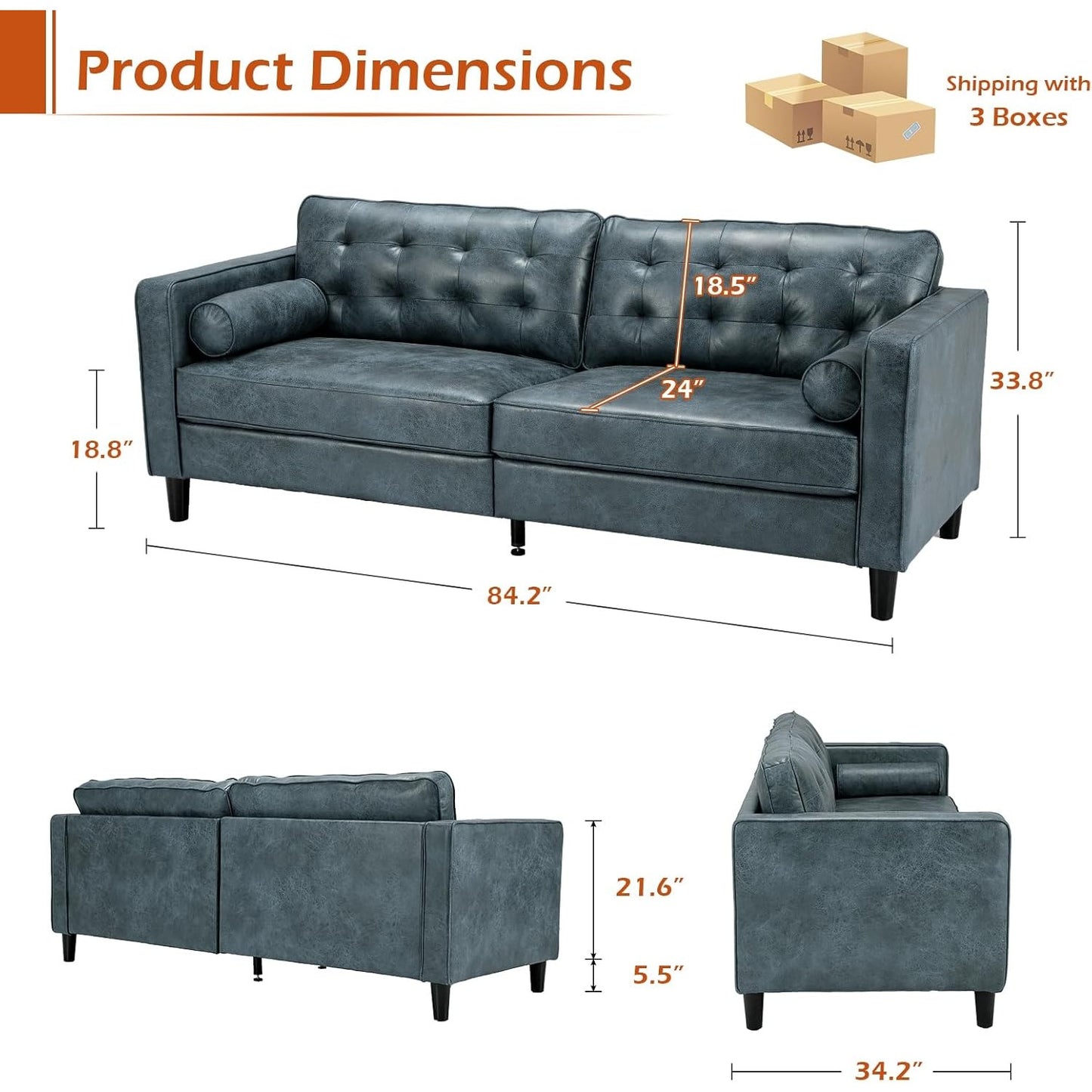 YODOLLA 84.2" 3-Seats Large Sofa Couch Couch, Faux Leather Blue