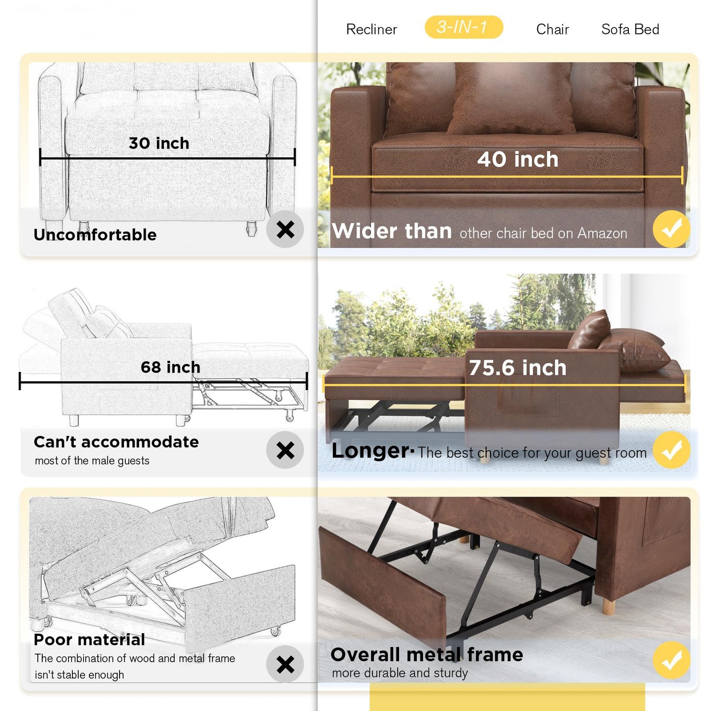 YODOLLA 36" Convertible Chair Bed, Saddle Brown