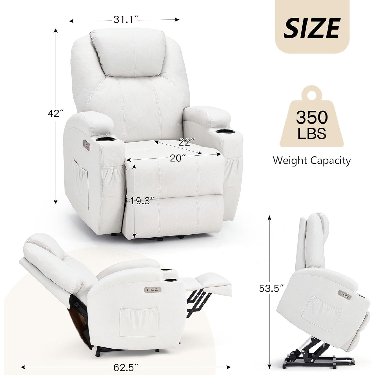 YODOLLA Power Lift Recliner Chair for Elderly with Side Pockets, Fabric, White