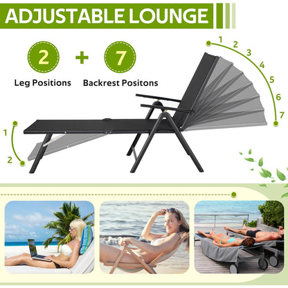 YODOLLA 7 Back & 2 Leg Adjustable Outdoor Chaise Lounge Chair Set of 2, Black
