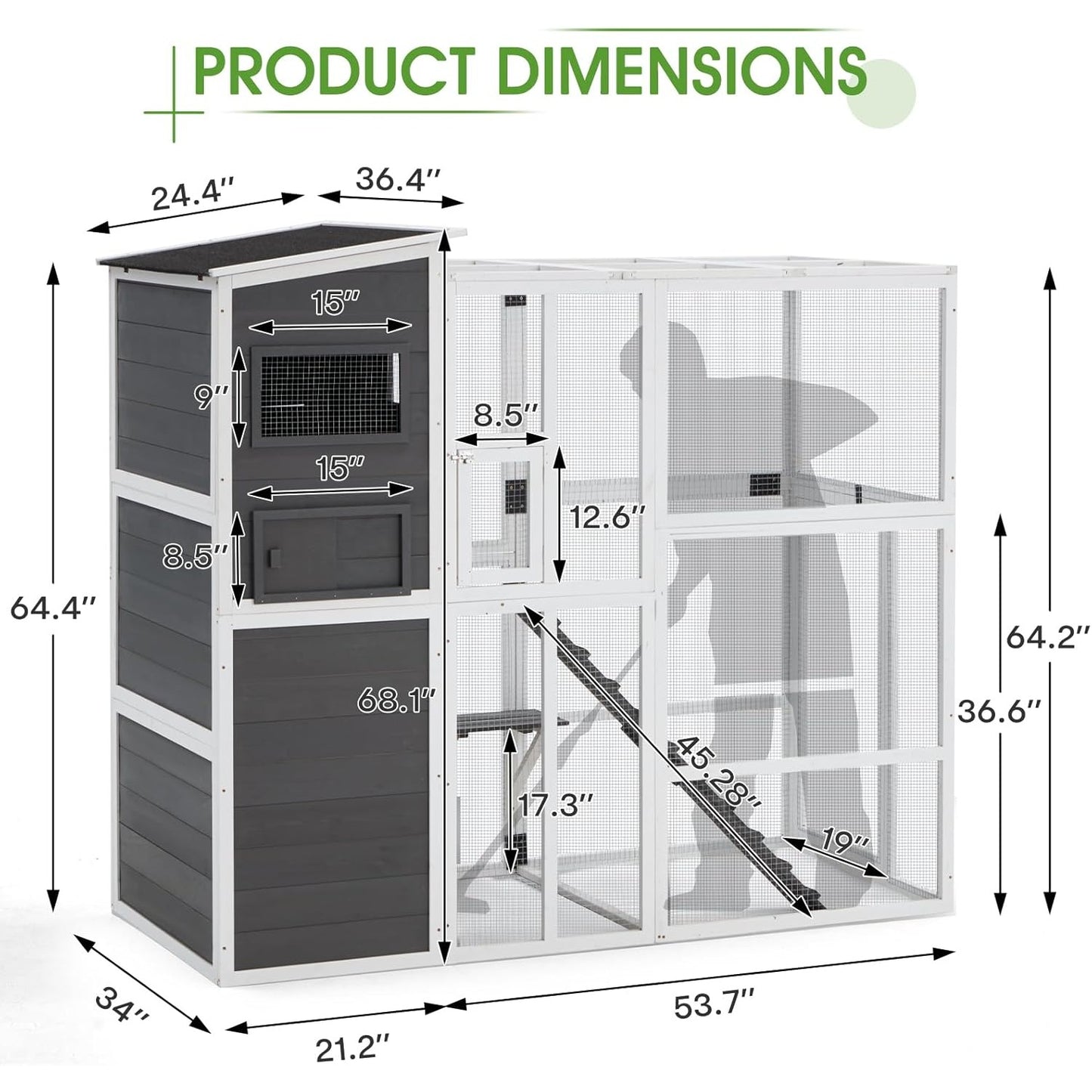 YODOLLA Large Spacious Cat Cage With Weatherproof Roof, Grey