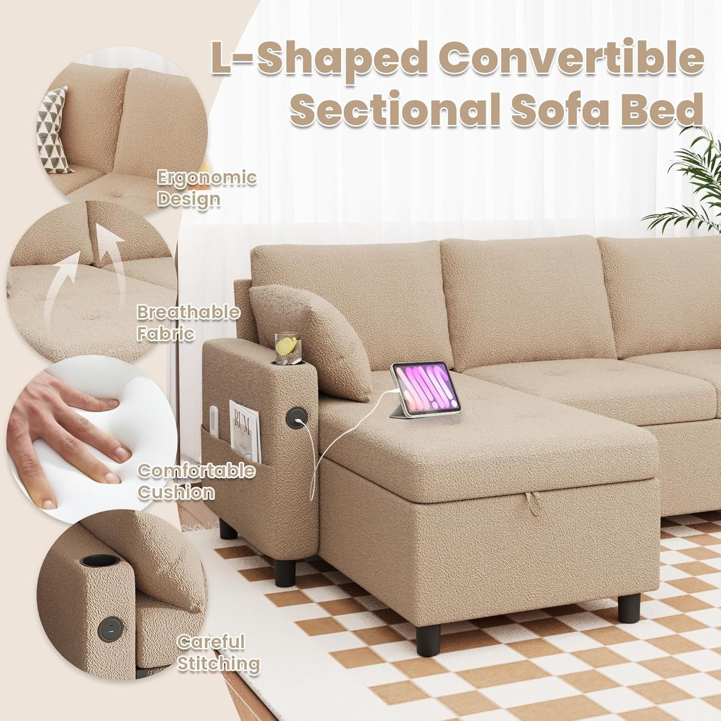 YODOLLA Teddy Velvet L-Shaped Sleeper Sofa, Pullout Bed, USB & Storage, Brown