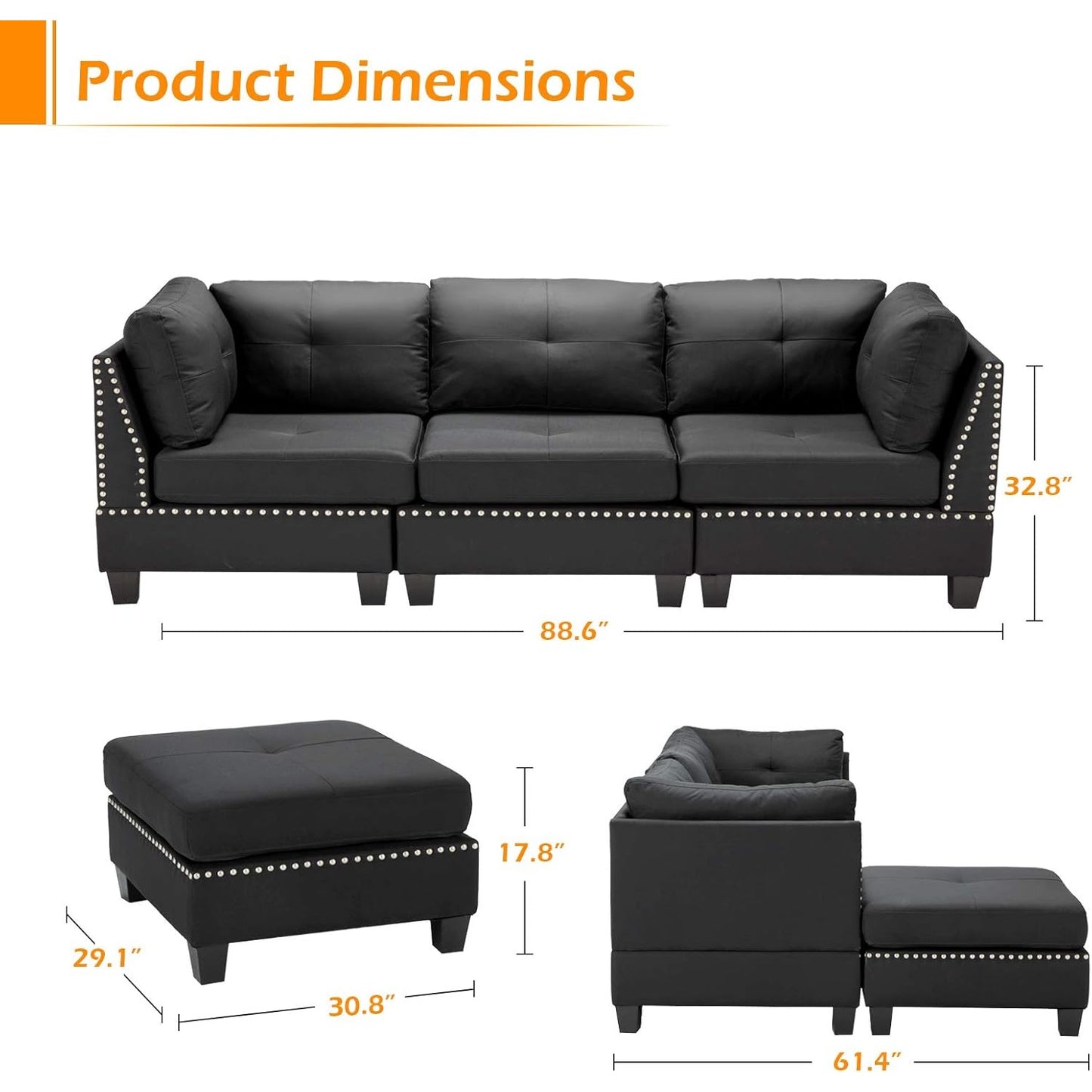 YODOLLA 88.6” L-Shaped Sofa Couch with Reversible Chaise, Fabric Black