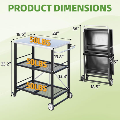 YODOLLA Foldable Stainless Steel Grill Cart Table with Wheels, Silver