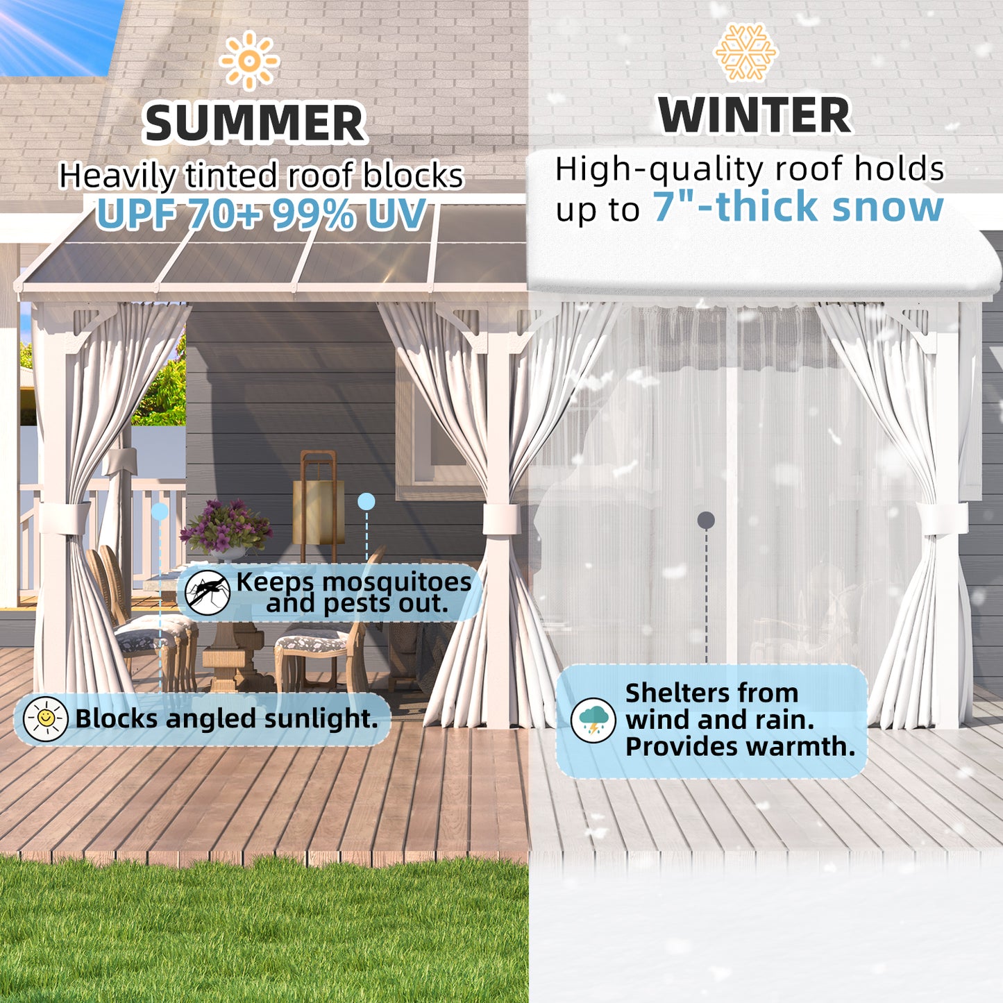 YODOLLA 16'x10' Outdoor Lean to Gazebo Pergola with Curtain and Netting for Patio, White