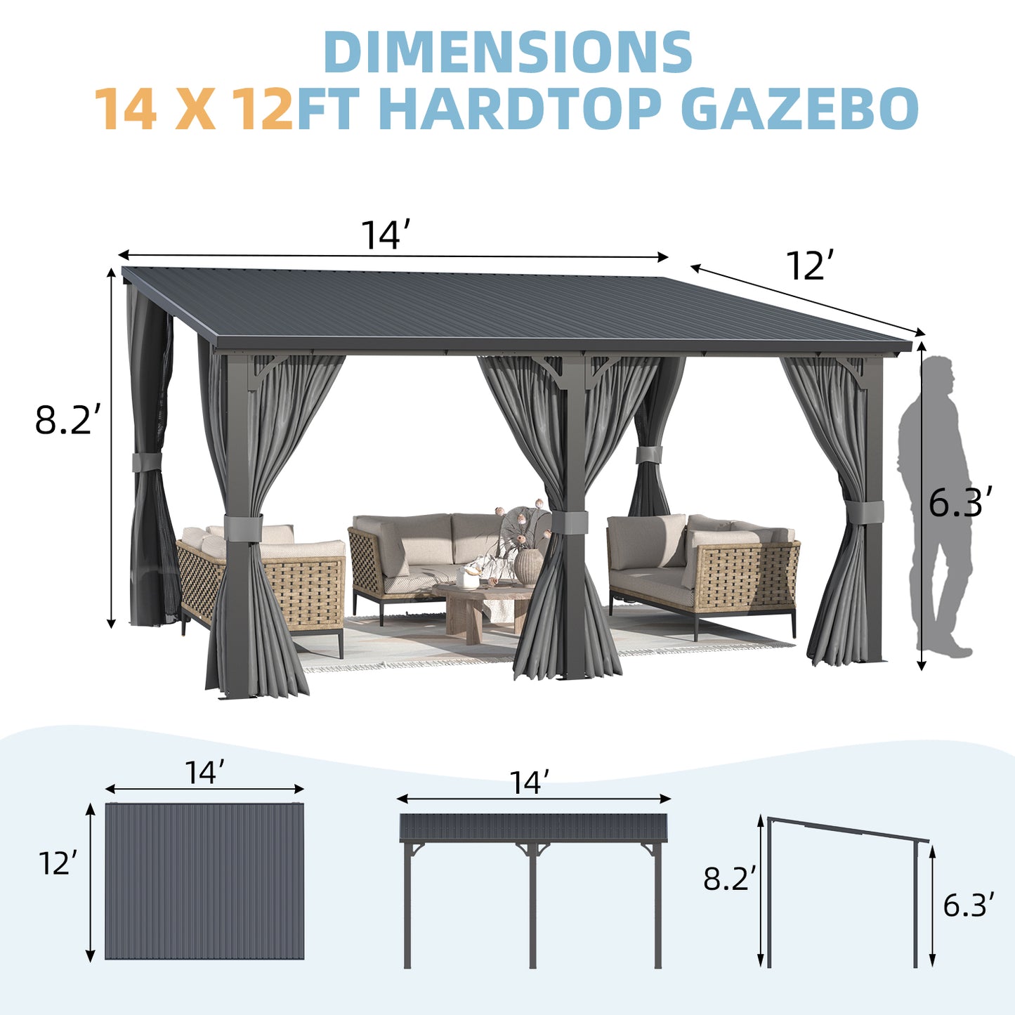 YODOLLA 12' x 14' Outdoor Hardtop Metal Gazebo for Patio Galvanized Steel Pergolas