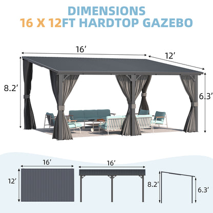 YODOLLA 16'x12' Outdoor Hardtop Metal Gazebo with Curtains and Netting for Patio