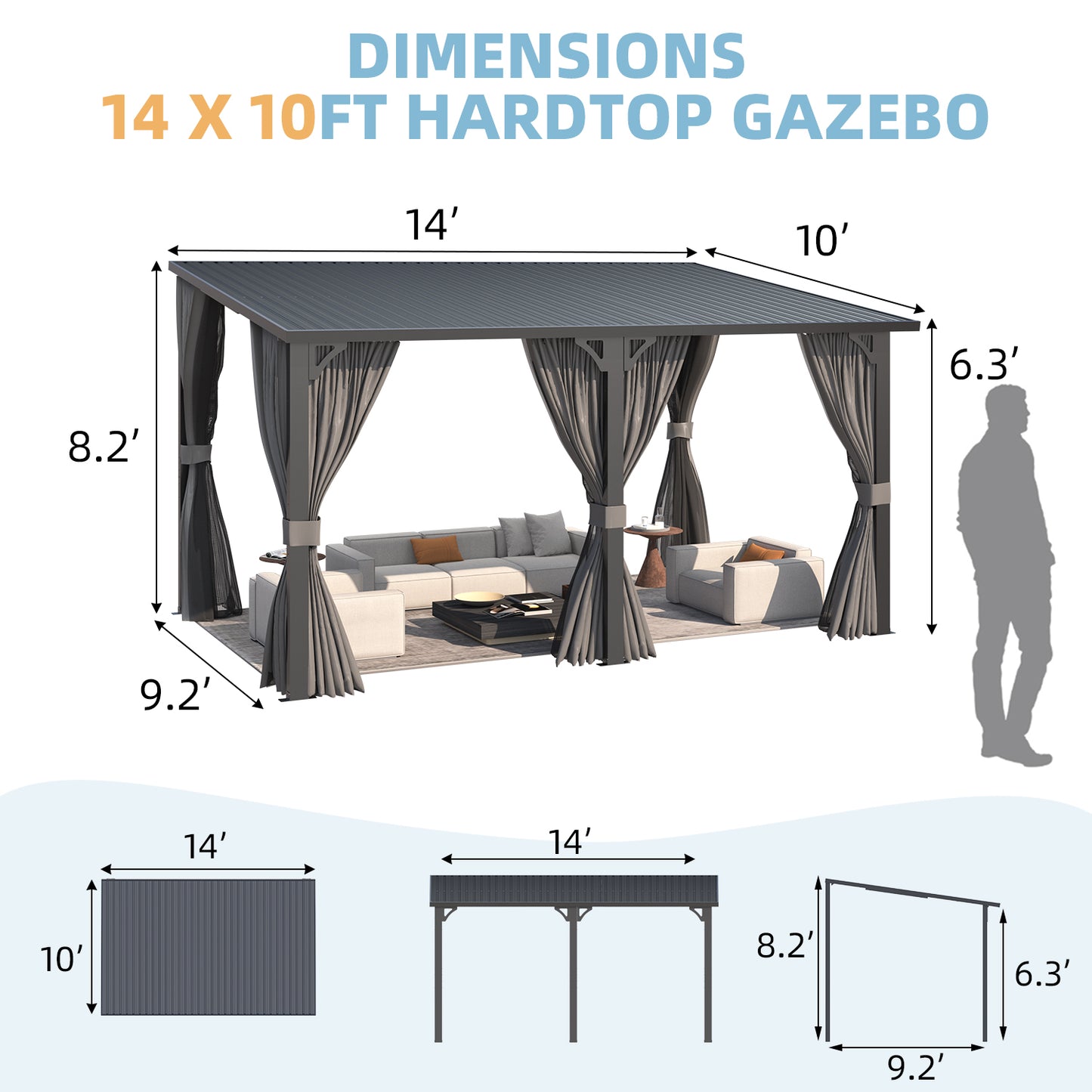 YODOLLA 14'x10' Outdoor Hardtop Gazebo Pergola with Curtains and Netting for Patio