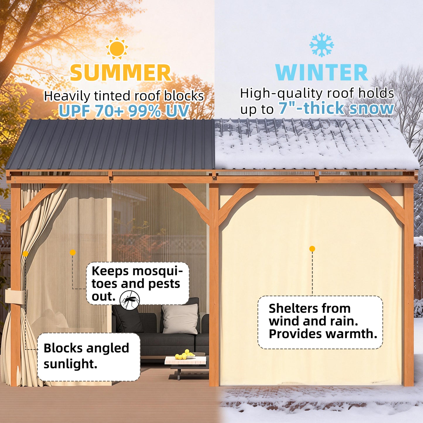 YODOLLA 20x10 Outdoor Wooden Pergola Gazebo with Curtains and Netting for Patio