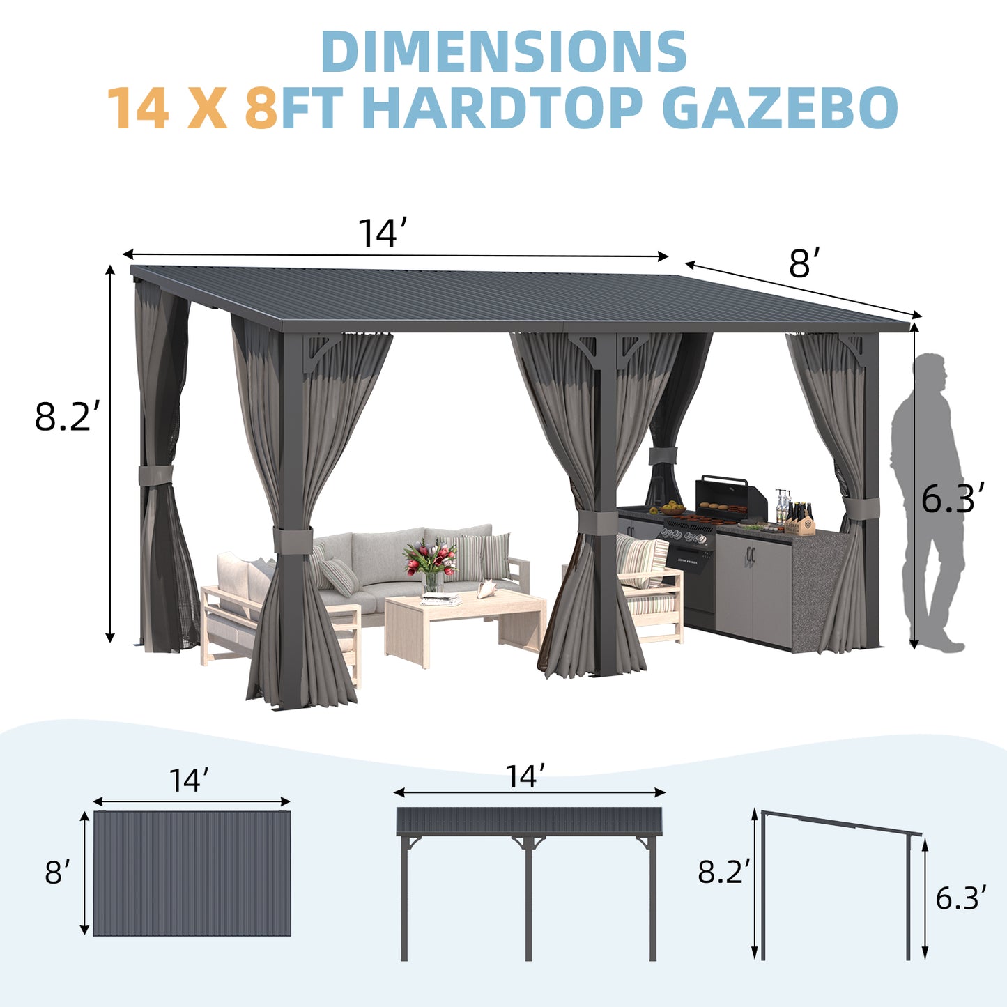 YODOLLA 14' x 8' Outdoor Hardtop Metal Gazebo for Patio Galvanized Steel Pergolas