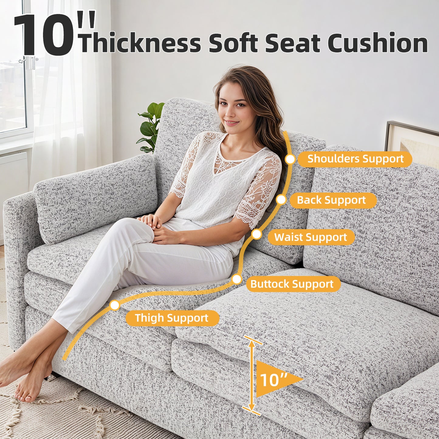 YODOLLA 89" Chenille Sofa, 3-Seater, 2 Removable Pillows, Gray