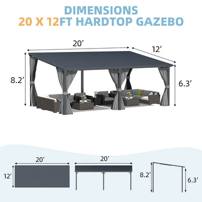 YODOLLA 20'x12' Gazebo Outdoor Hardtop Pergola with Curtain and Netting