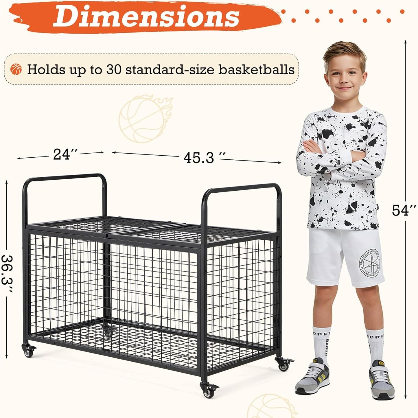 YODOLLA Ball Cart Storage, Rolling Basketball Bin with Wheels