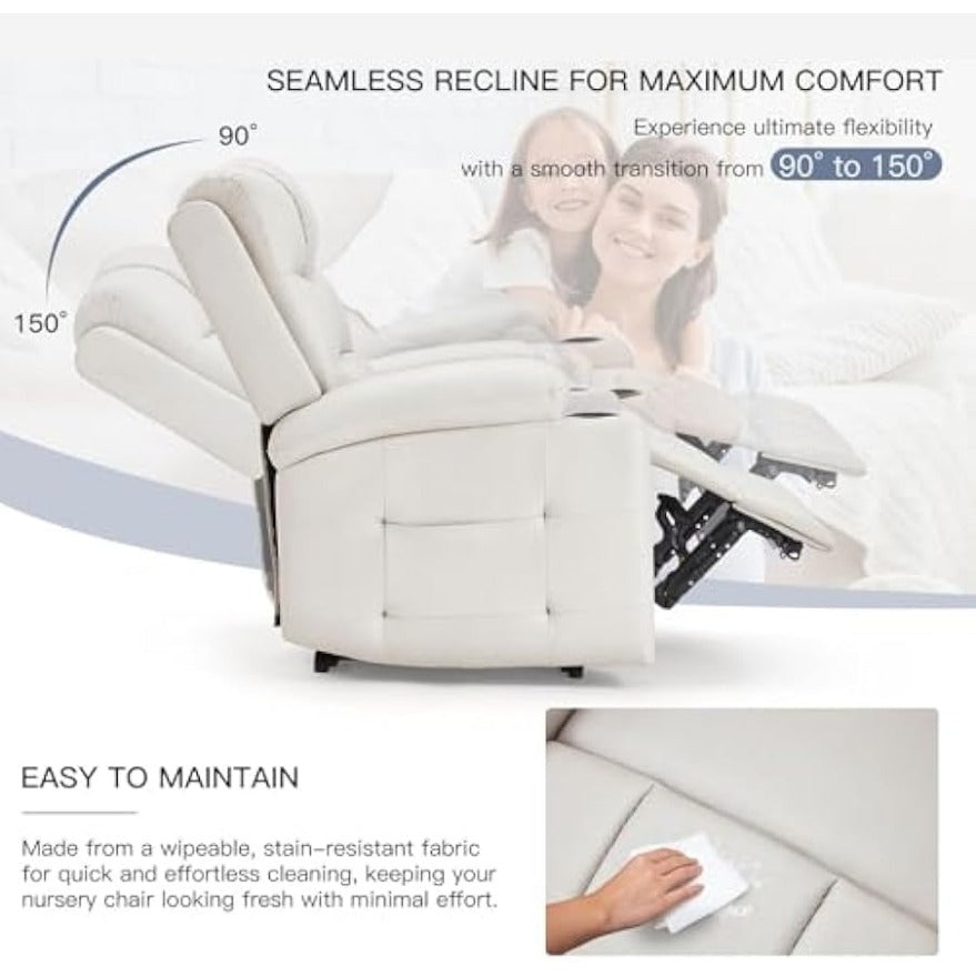 YODOLLA Wide Armrests Electric Recliner Nursery Chair, Faux Leather Beige