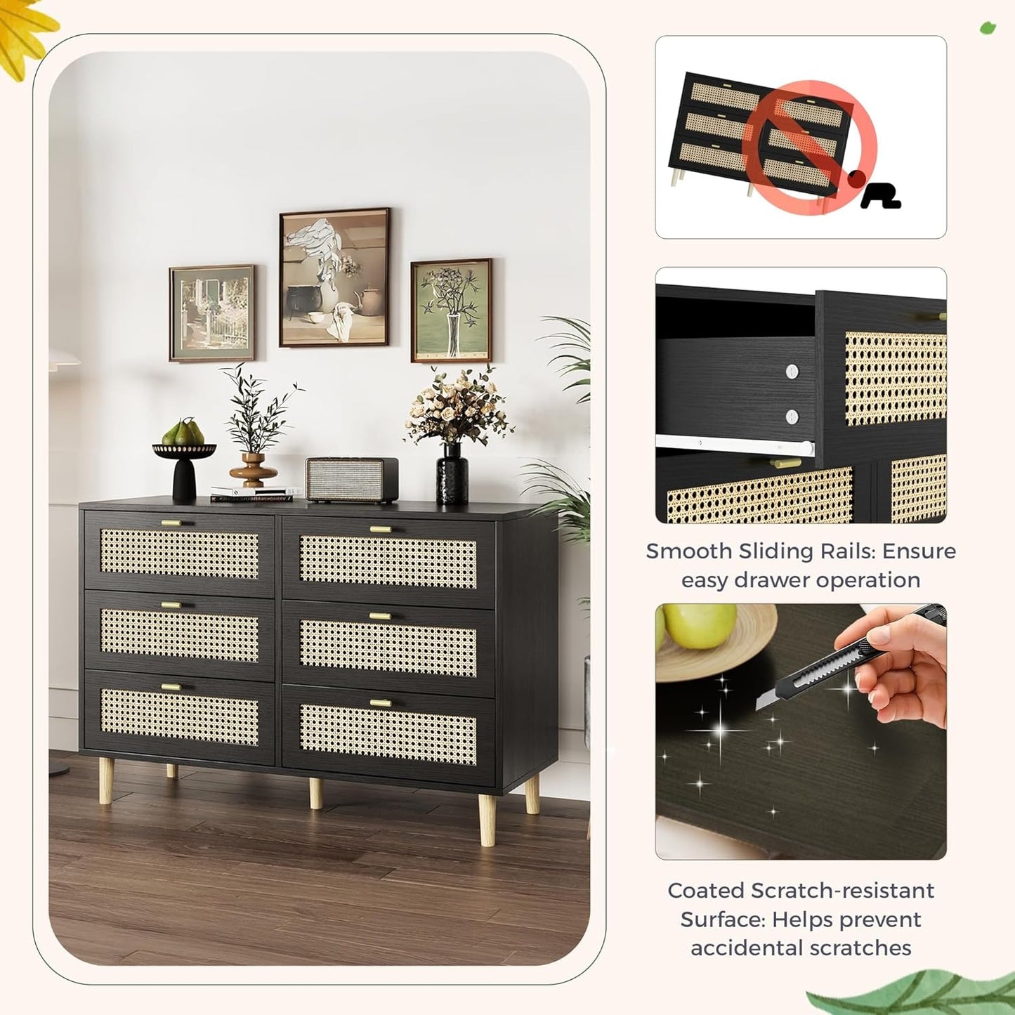 YODOLLA Wicker Dresser 6 Drawer Rattan Dresser, Black