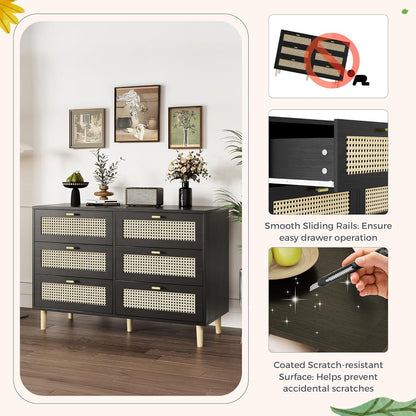 YODOLLA Wicker Dresser 6 Drawer Rattan Dresser, Black