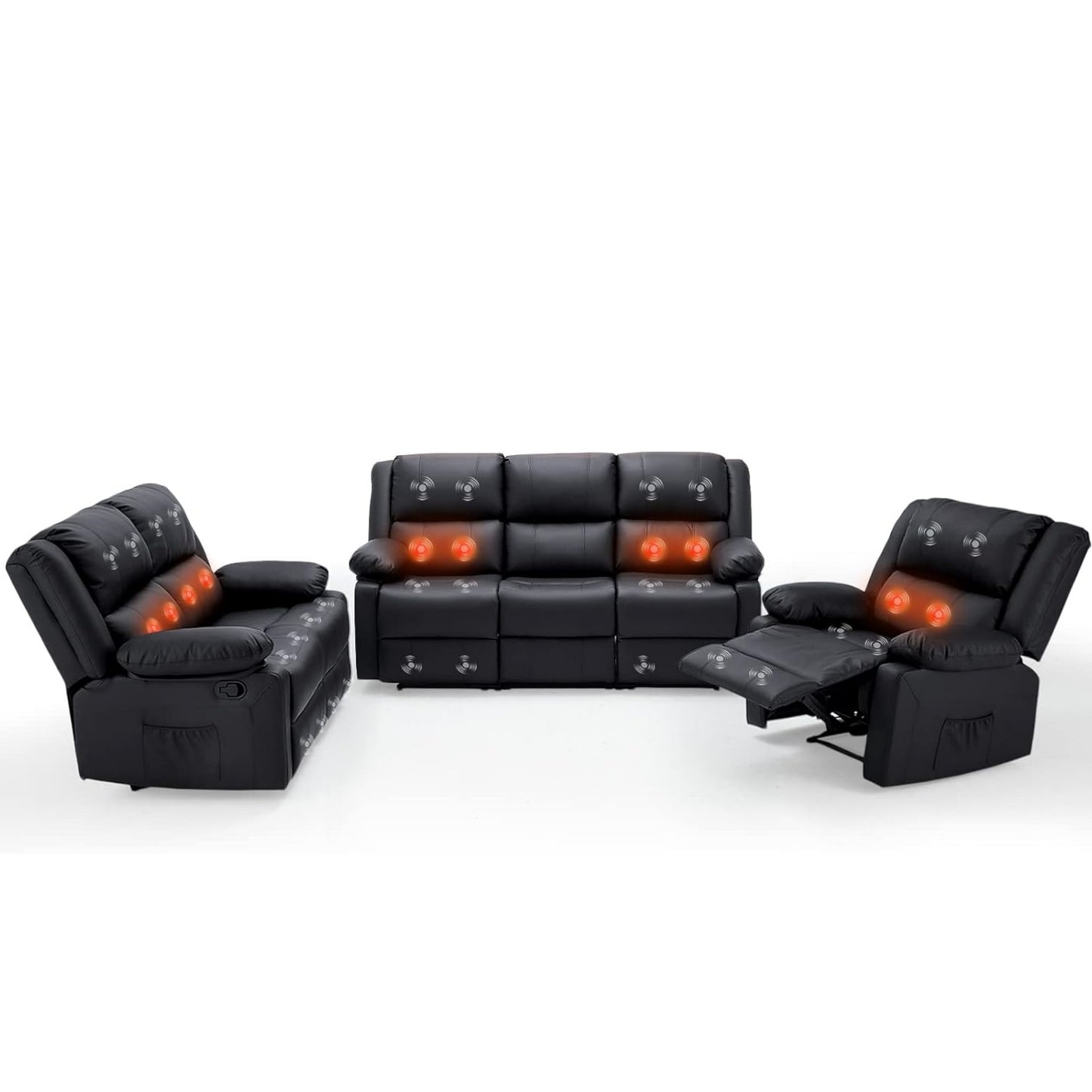 YODOLLA 3 PCS Recliner Sofa Set Overstuffed Leather Reclining Sofa, Black