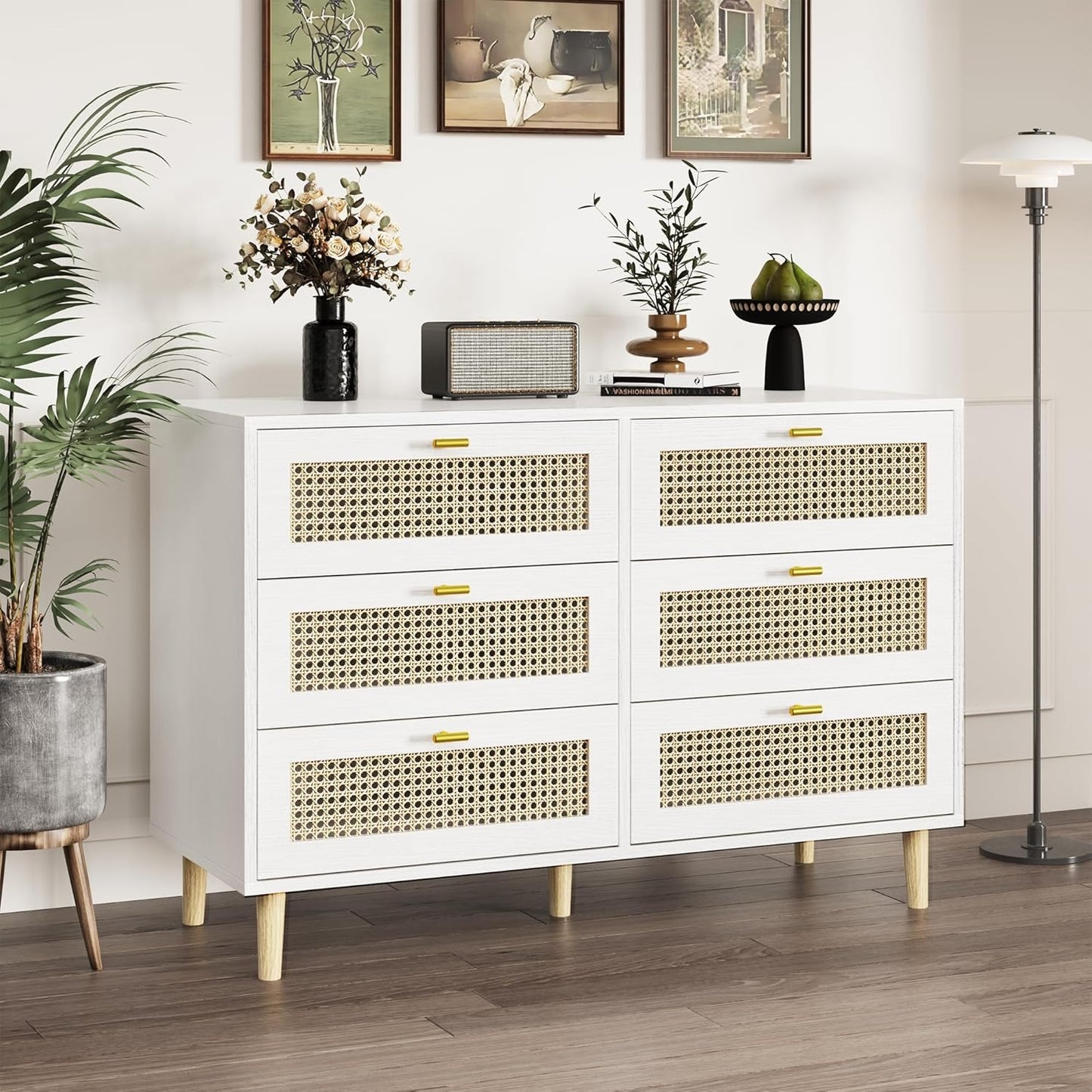 YODOLLA Wicker Dresser 6 Drawer Rattan Dresser, White