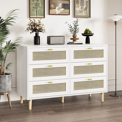 YODOLLA Wicker Dresser 6 Drawer Rattan Dresser, White