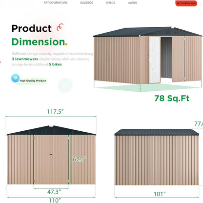 YODOLLA 9' x 10' Metal Storage Large Shed, Grey