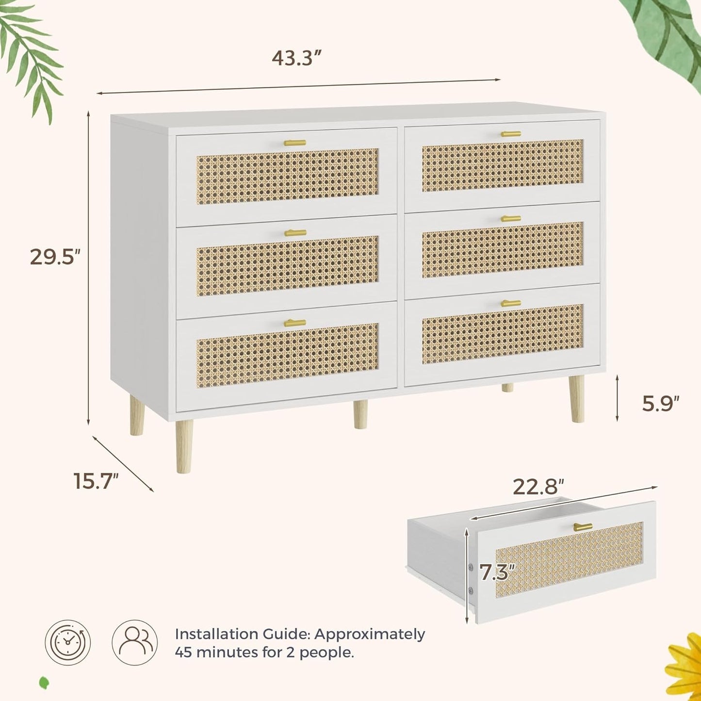YODOLLA Wicker Dresser 6 Drawer Rattan Dresser, White