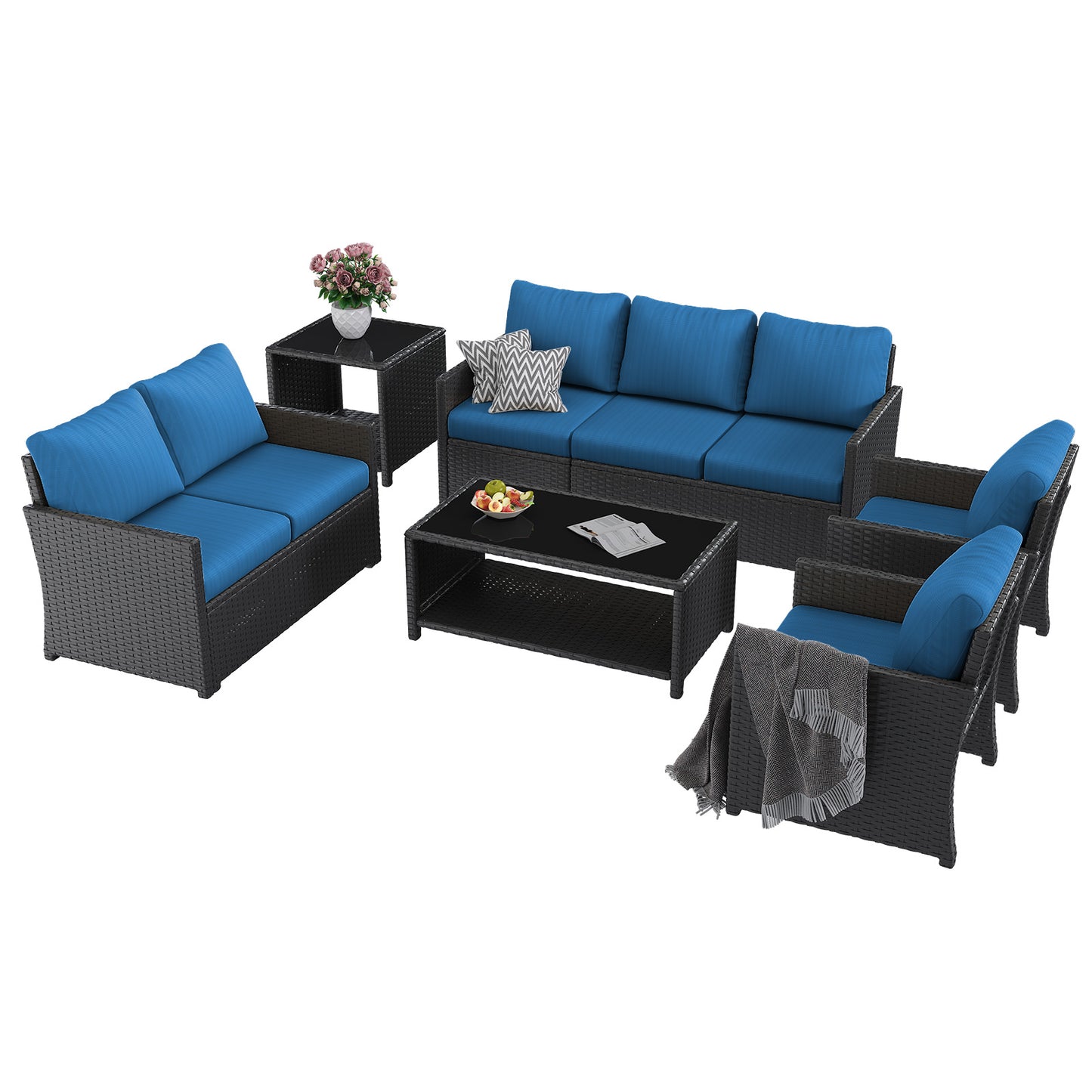 YODOLLA Patio Furniture Set with Two Table 7 PCS Outdoor Furniture, Black Ranttan Blue Cushion
