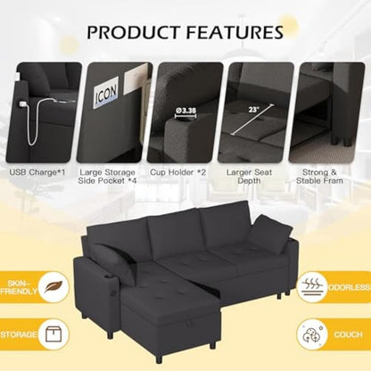 YODOLLA Teddy Velvet L-Shaped Sleeper Sofa, Pullout Bed, USB & Storage, Black