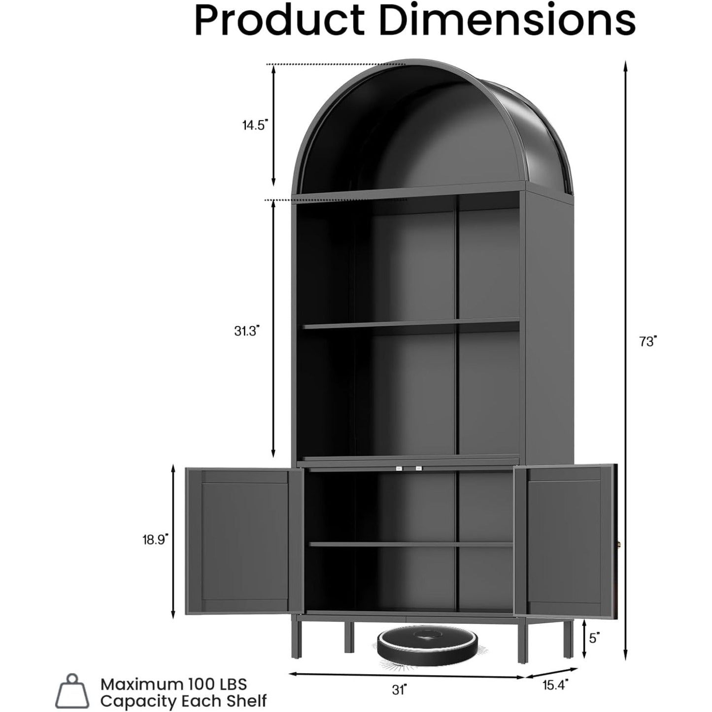 YODOLLA 73'' Arched Cabinet, Metal Kitchen Pantry with Adjustable Shelves, Modern Arched Storage Bookcase Display Cabinet