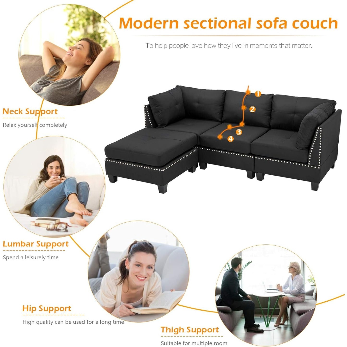 YODOLLA 88.6” L-Shaped Sofa Couch with Reversible Chaise, Fabric Black