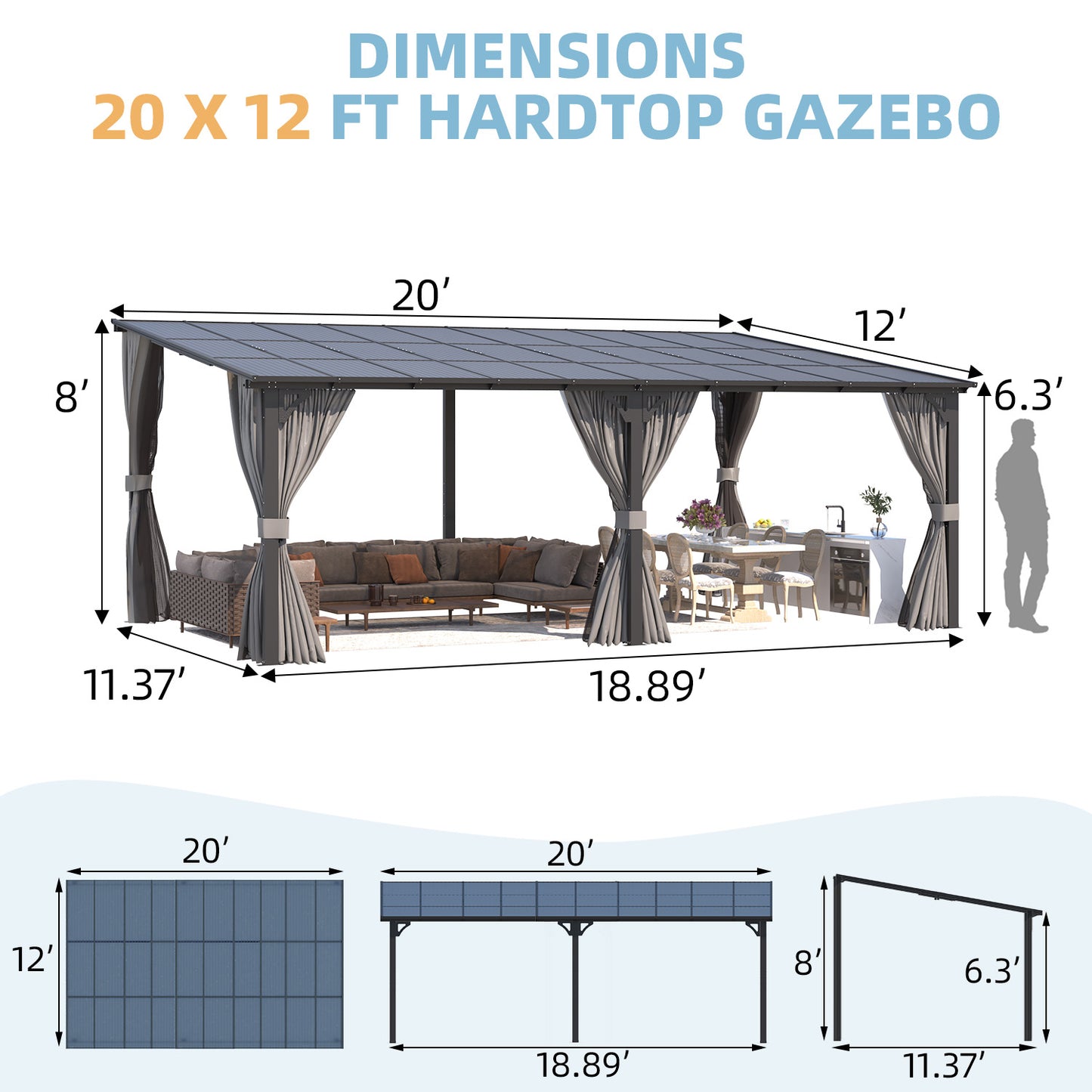 YODOLLA 20x12 Hardtop Patio Gazebo
