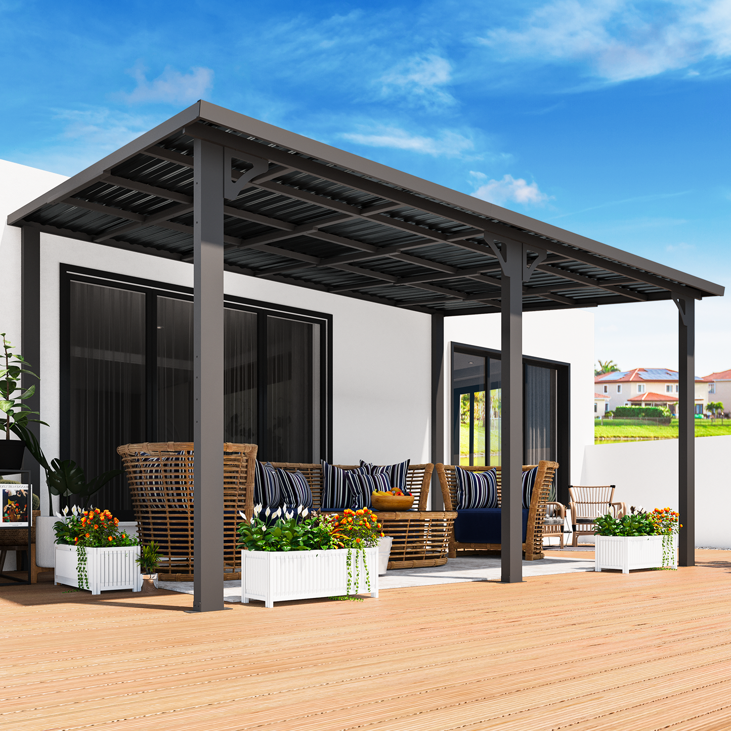 YODOLLA 14' x 10' Hard Top Lean to Gazebo Outdoor Pergola, Dark Grey