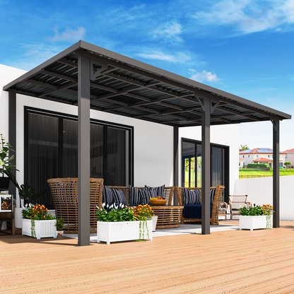 YODOLLA 14' x 10' Hard Top Lean to Gazebo Outdoor Pergola, Dark Grey