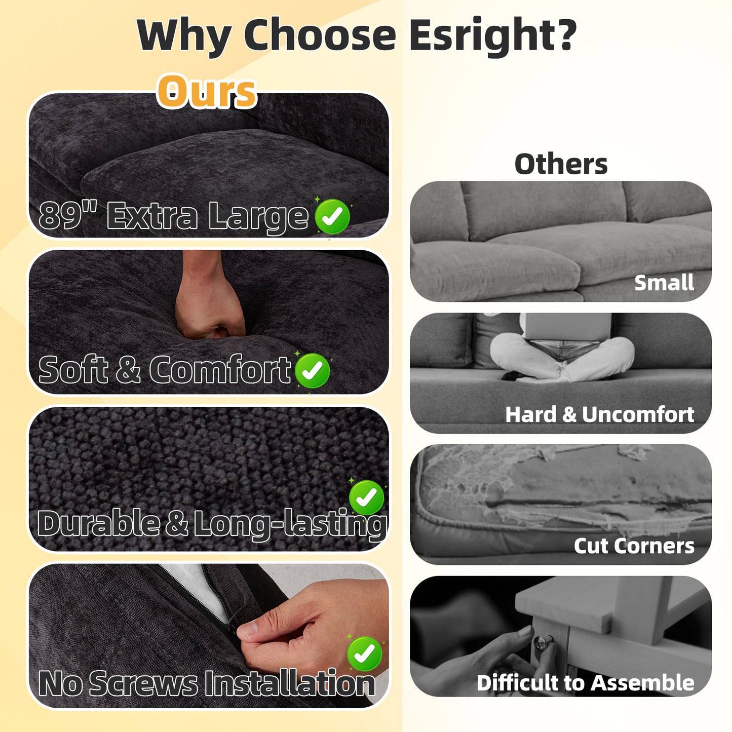 YODOLLA 89" Chenille Sofa, 3-Seater, 2 Removable Pillows, Black