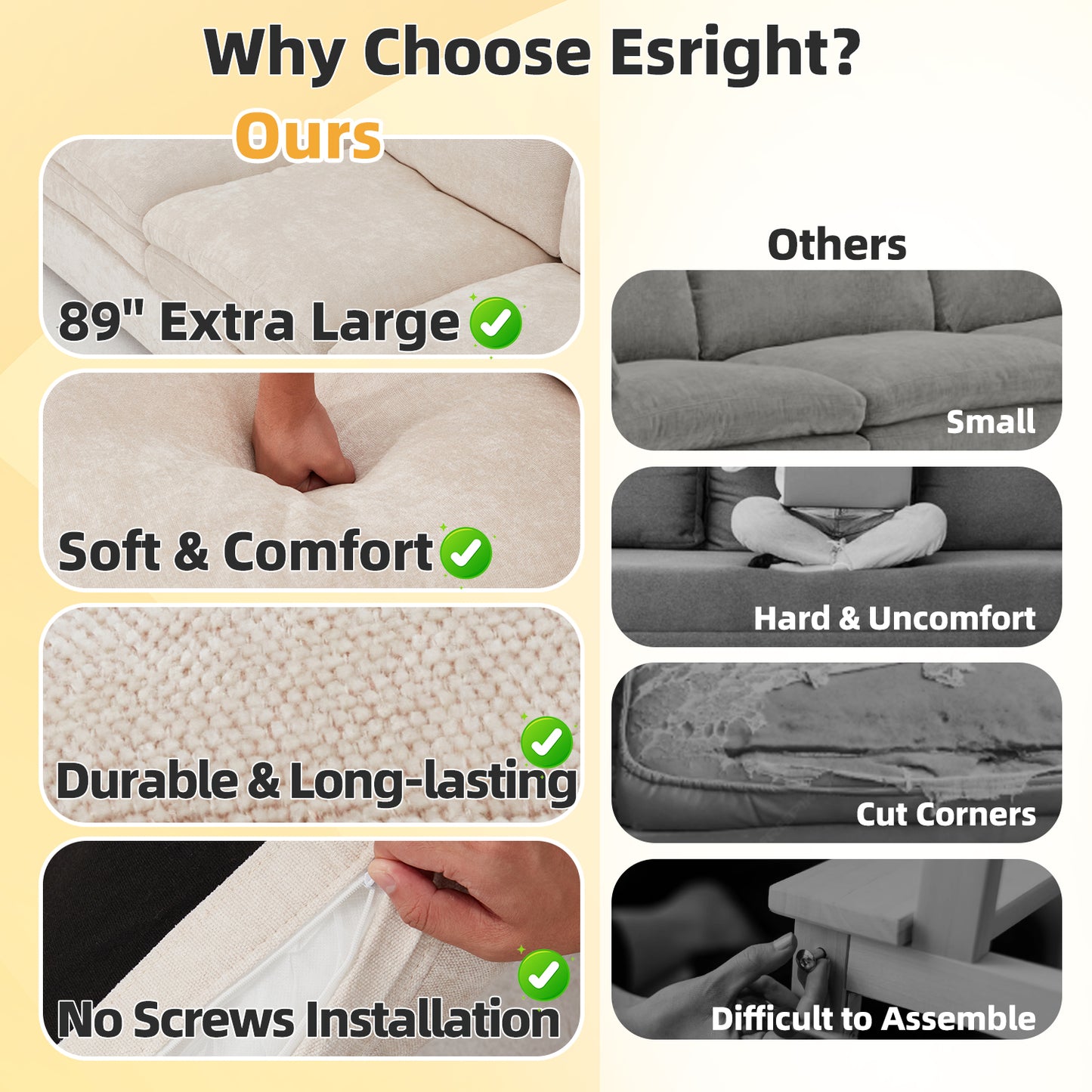 YODOLLA 89" Chenille Sofa, 3-Seater, 2 Removable Pillows, Cream White