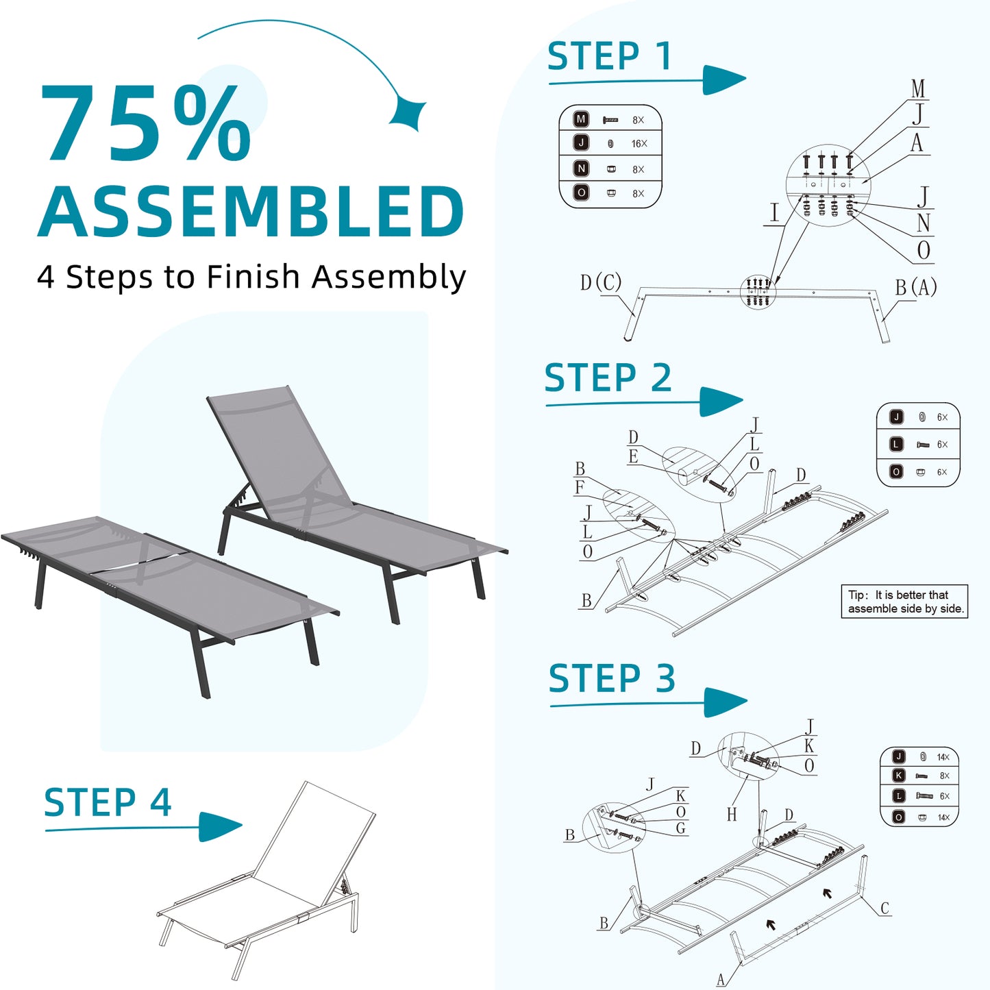YODOLLA Curved Design Pool Lounge Chairs, Dark Grey