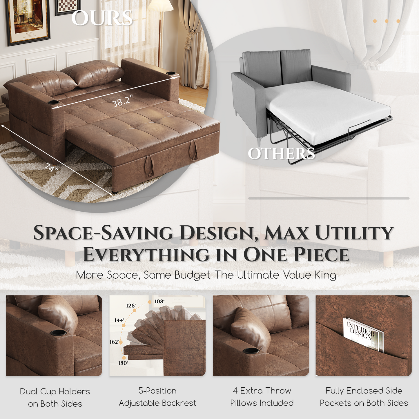 YODOLLA Sleeper Chair Bed, 63" Extra Wide Convertible Sofa Bed for Adults, Brown