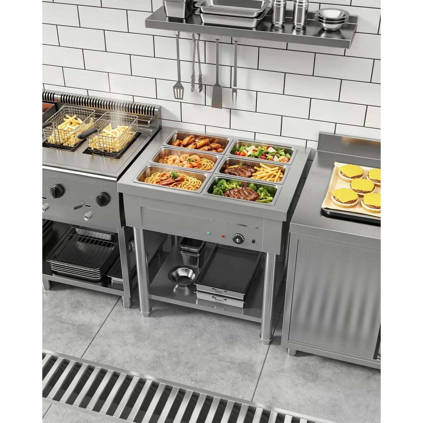 YODOLLA Commercial Food Warmer 1500W Electric Steam Table with 6x6QT Pans & Shelf