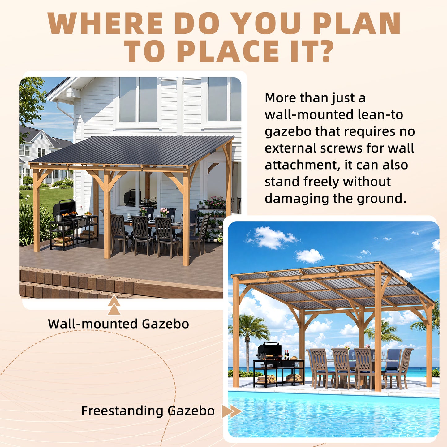 YODOLLA 12' x 10' Outdoor Wood Ceder Gazebo Lean to Hardtop Pergolas