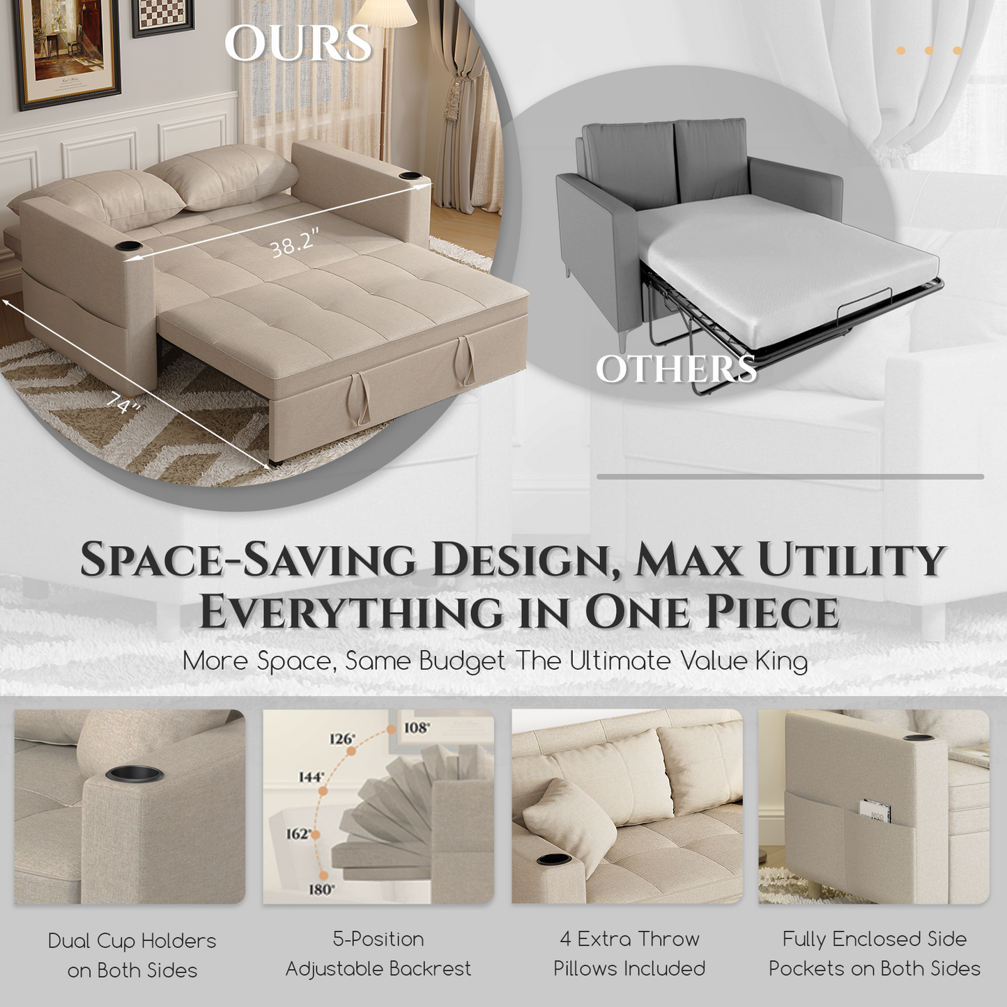 YODOLLA Sleeper Chair Bed, 63" Extra Wide Convertible Sofa Bed for Adults, Beige