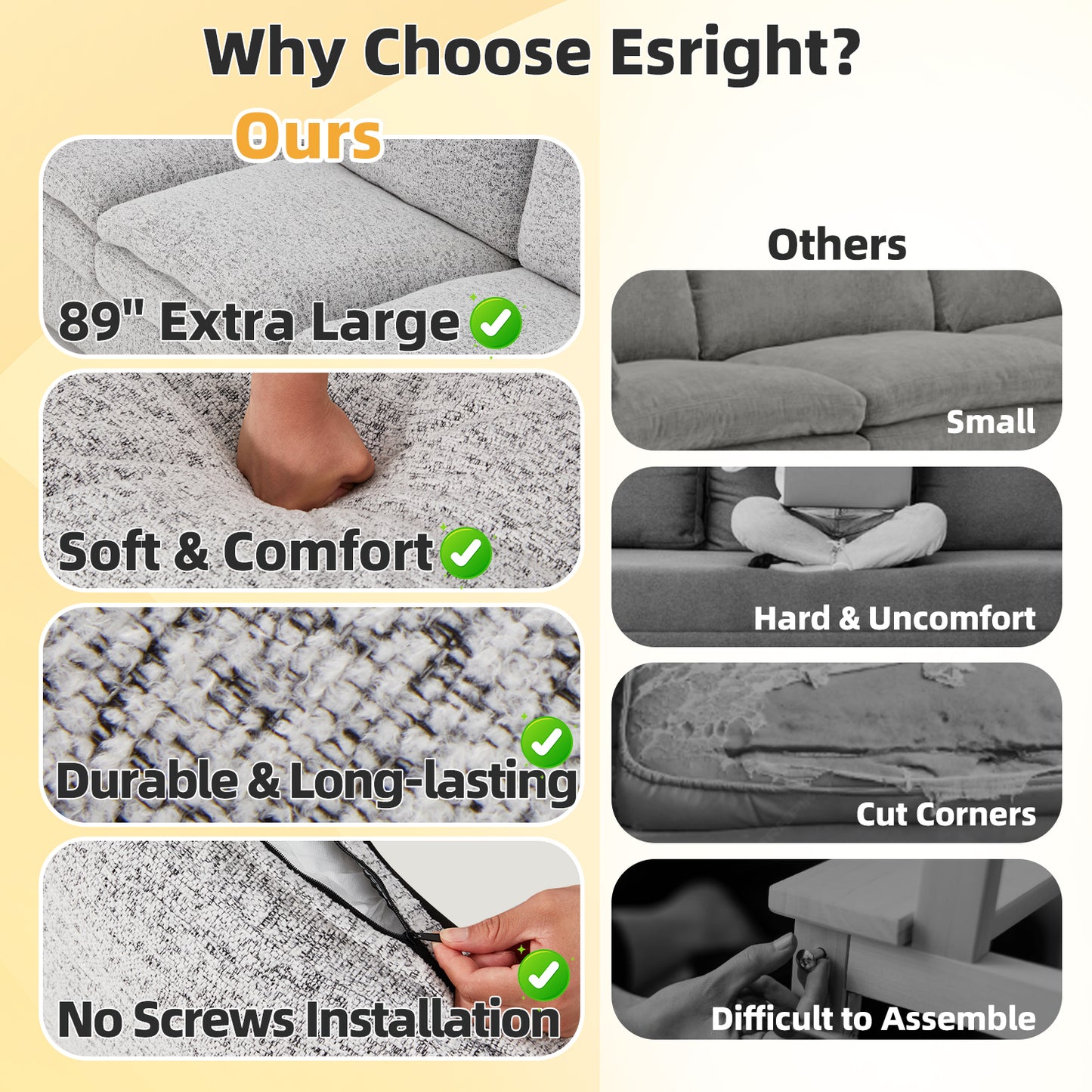 YODOLLA 89" Chenille Sofa, 3-Seater, 2 Removable Pillows, Gray