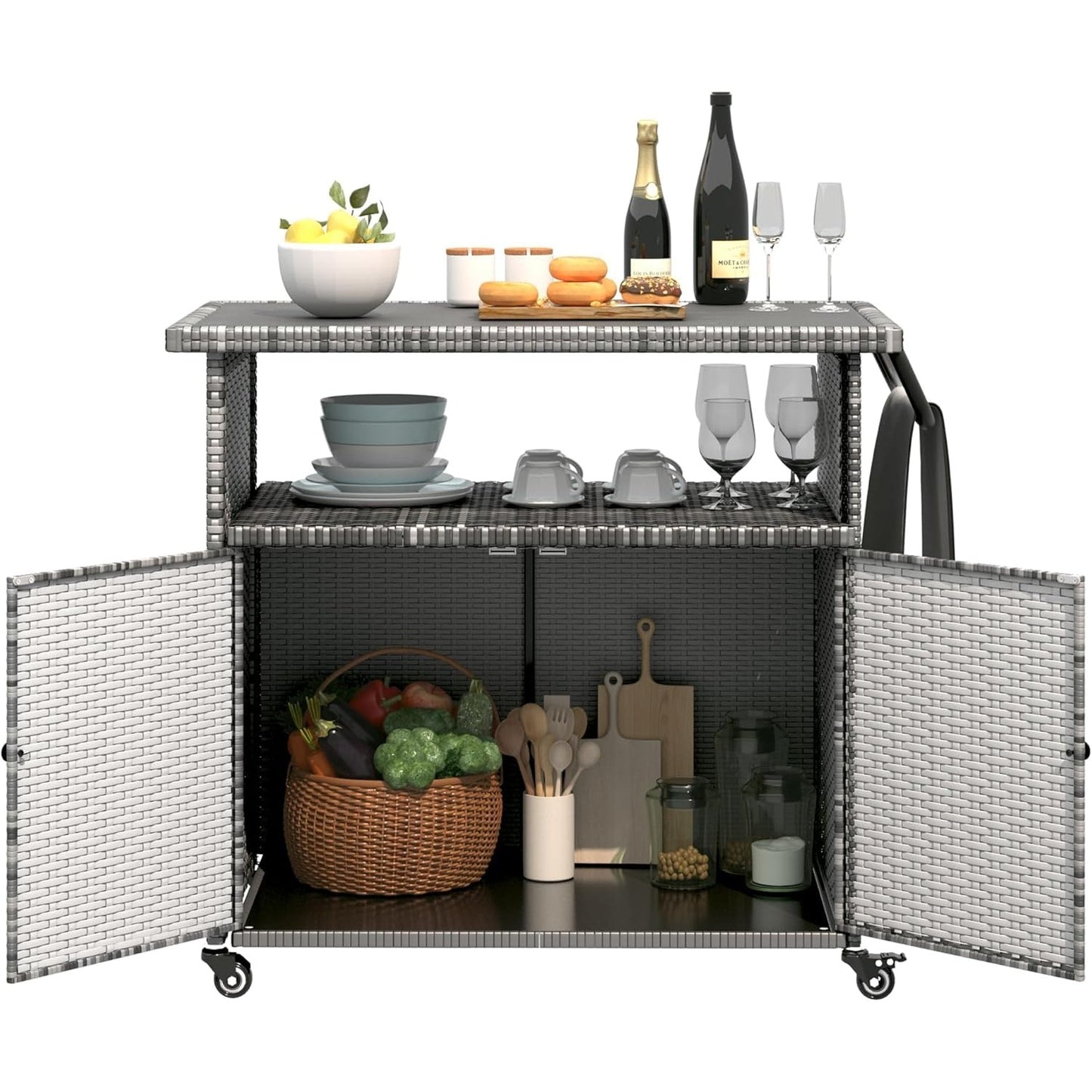 YODOLLA Outdoor Bar Cart with Storage Cabinet, Rattan Bar Table on Wheels