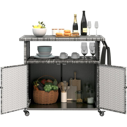 YODOLLA Outdoor Bar Cart with Storage Cabinet, Rattan Bar Table on Wheels