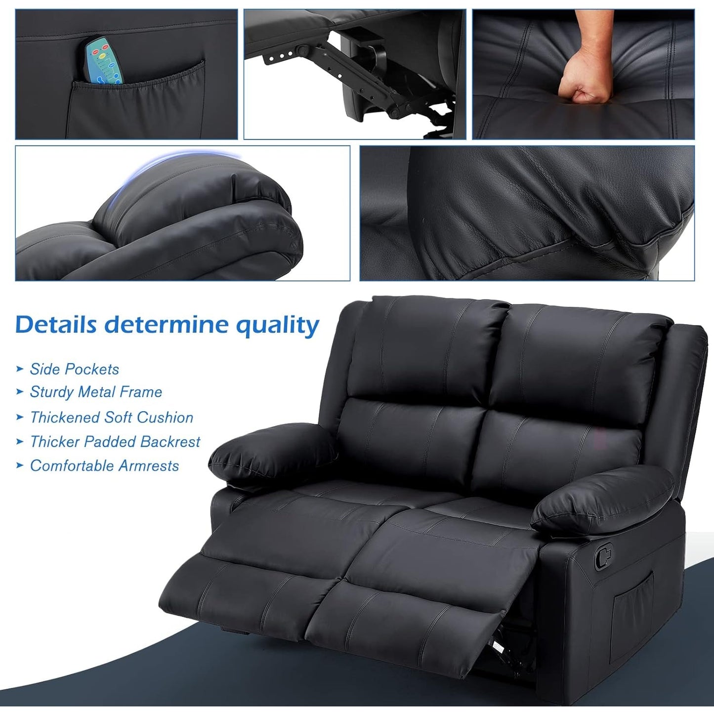 YODOLLA 2 Seat Loveseat Recliner with Heat&Massage Function, Faux Leather, Black