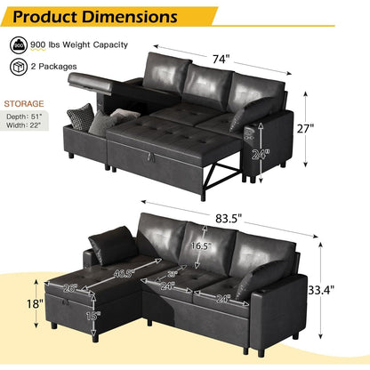 YODOLLA Faux Leather L-Shaped Sleeper Sofa, Pullout Bed, USB & Storage, Black