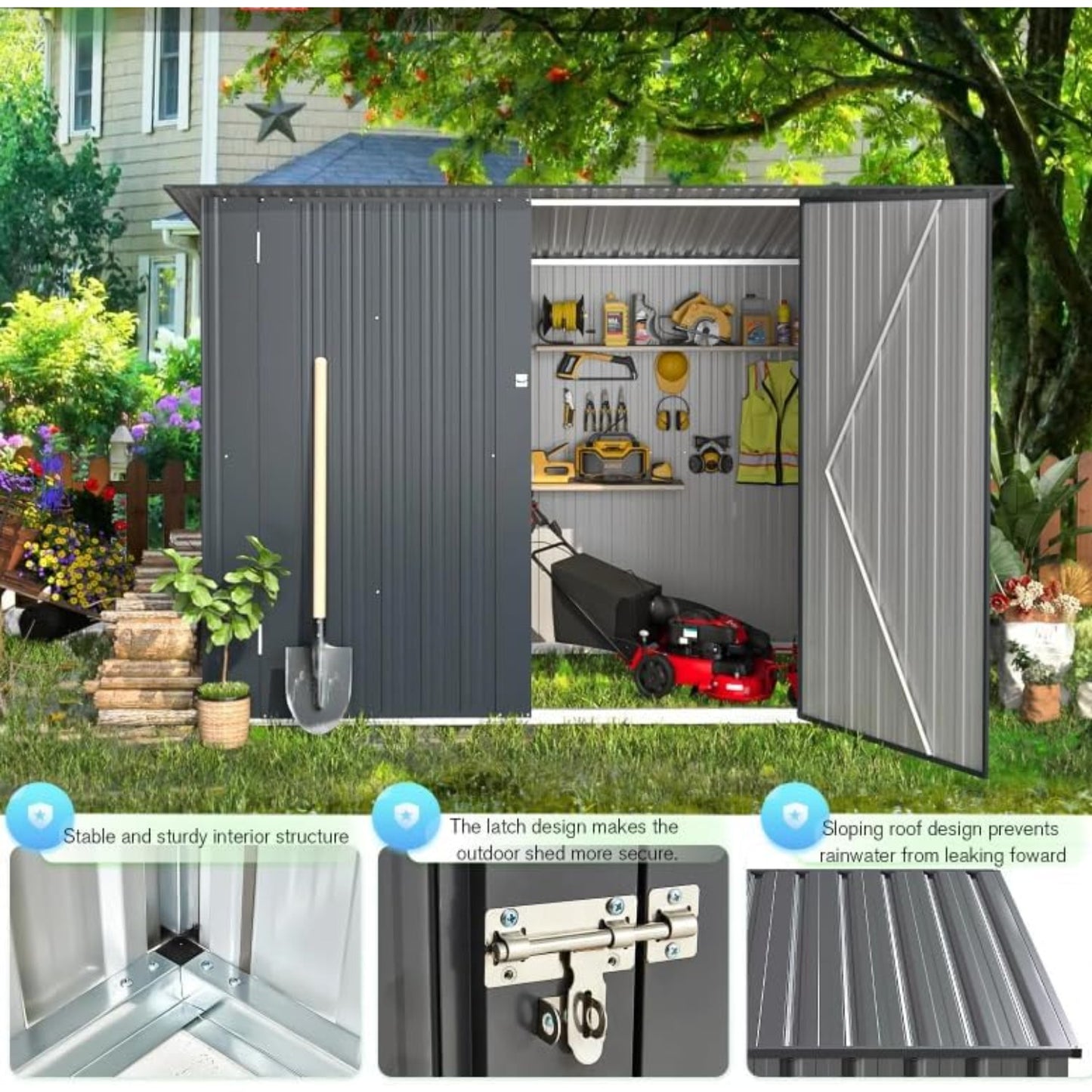 YODOLLA 7x3 Outdoor Bike Storage Shed, Lean to Sheds, Dark Gray