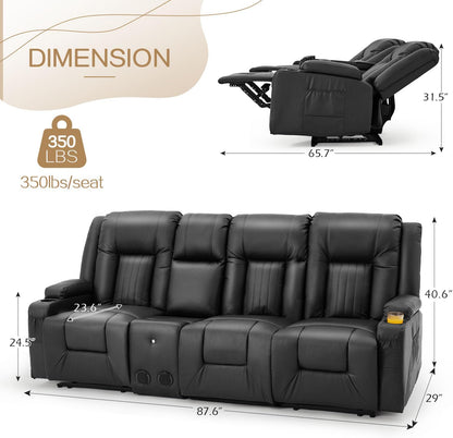 YODOLLA Black Reclining Sofa w/ Bluetooth, Black