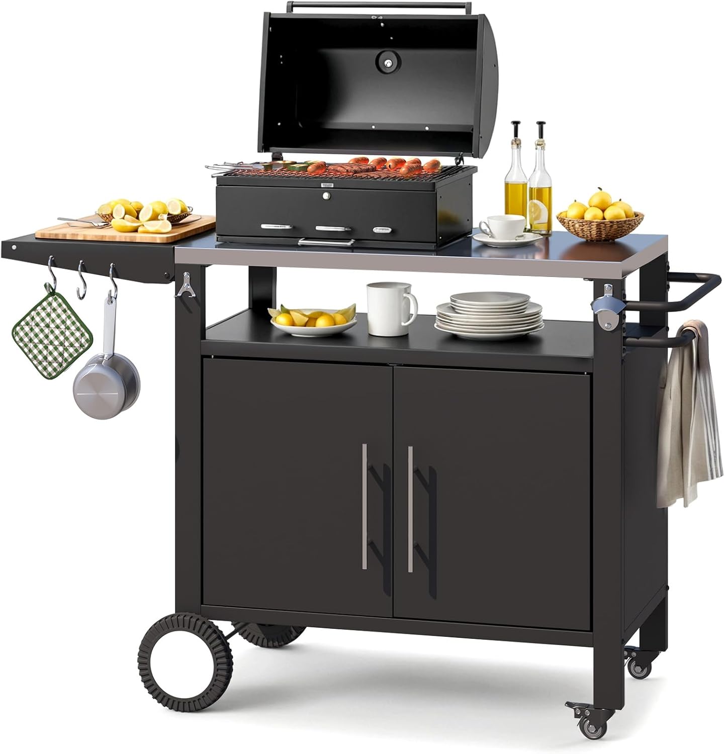YODOLLA Outdoor Grill Table with Storage Cabinet, Rolling Bar Grill Cart 50’’×20’’×32.2’’