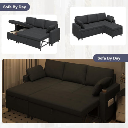 YODOLLA L-Shaped Sleeper Sofa, Pullout Bed, USB & Storage, Black