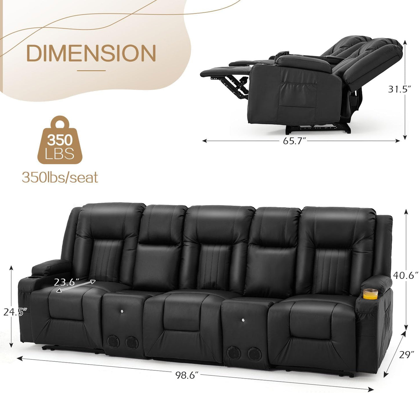 YODOLLA Faux Leather Recliner Sofa w/ 2 Consoles, Black