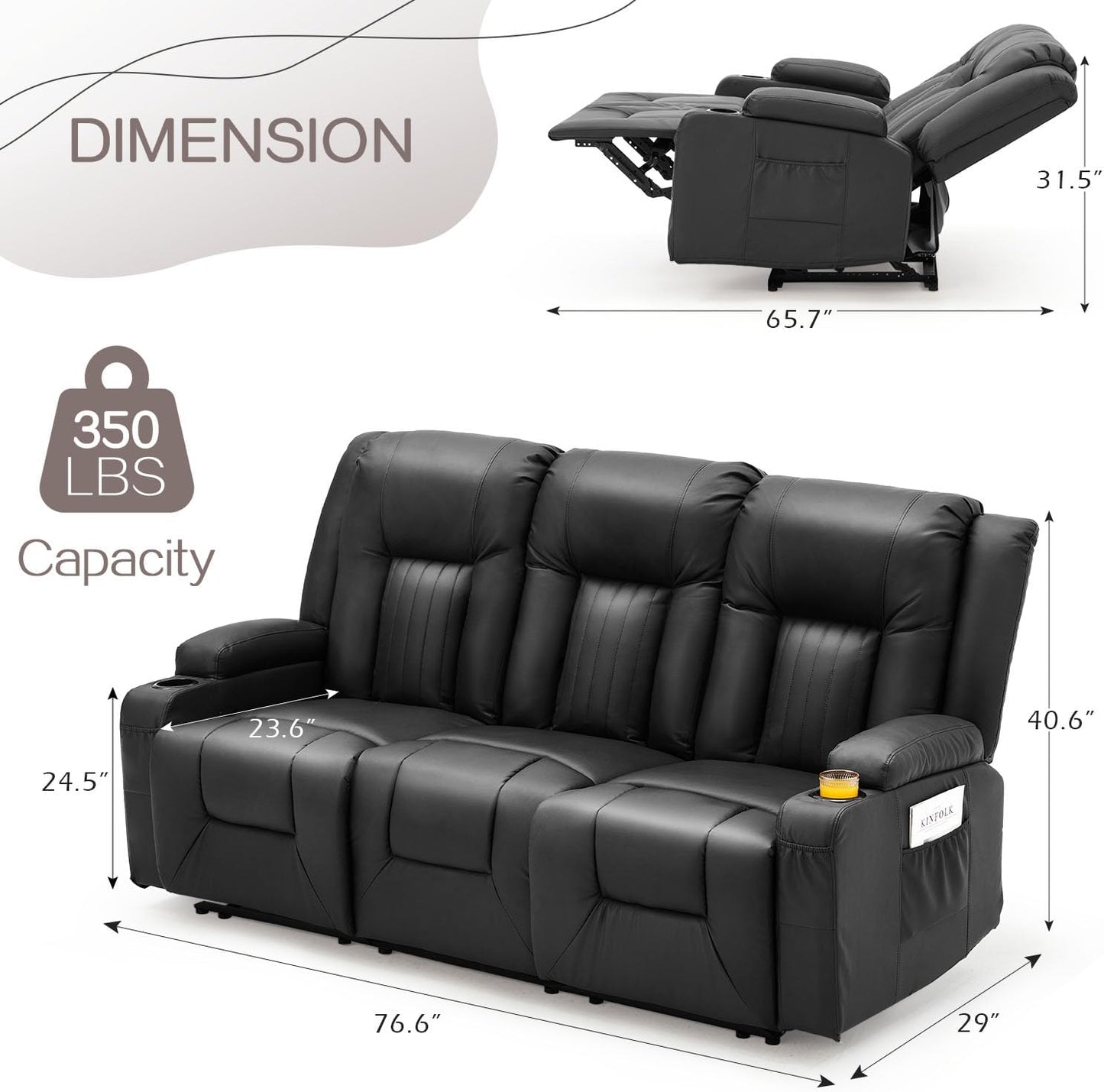 YODOLLA 3-Seat Recliner Sofa, Black Faux Leather